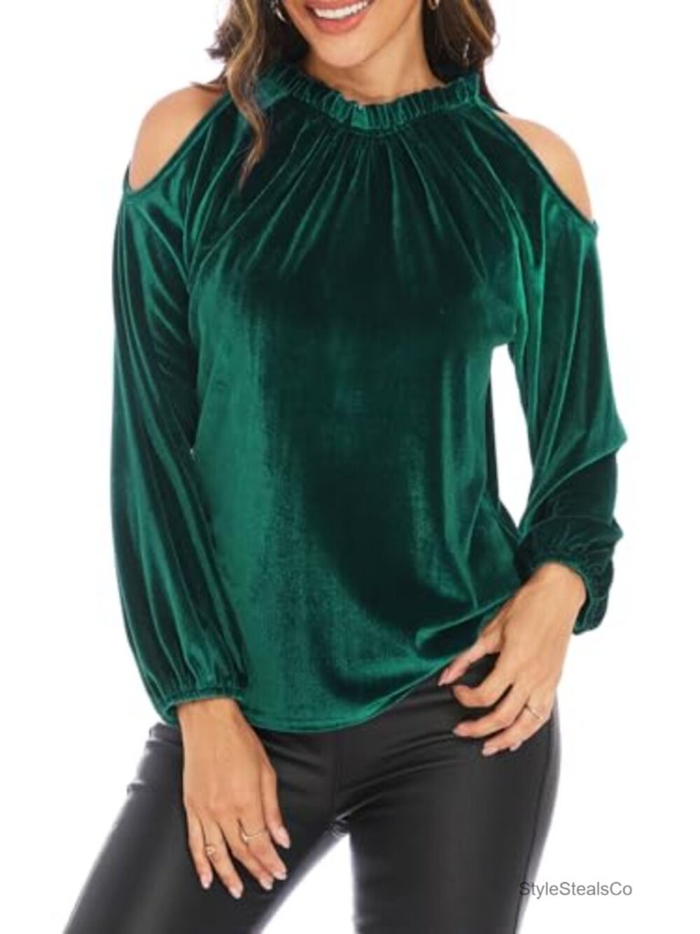 Velvet Cold Shoulder Mock Neck Ruffle Blouse Long Sleeve Holiday Party Top